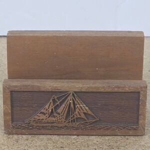 Vintage Lasercraft Wood Card‎ Holder Laser Engraved Sailing Ship Nautical